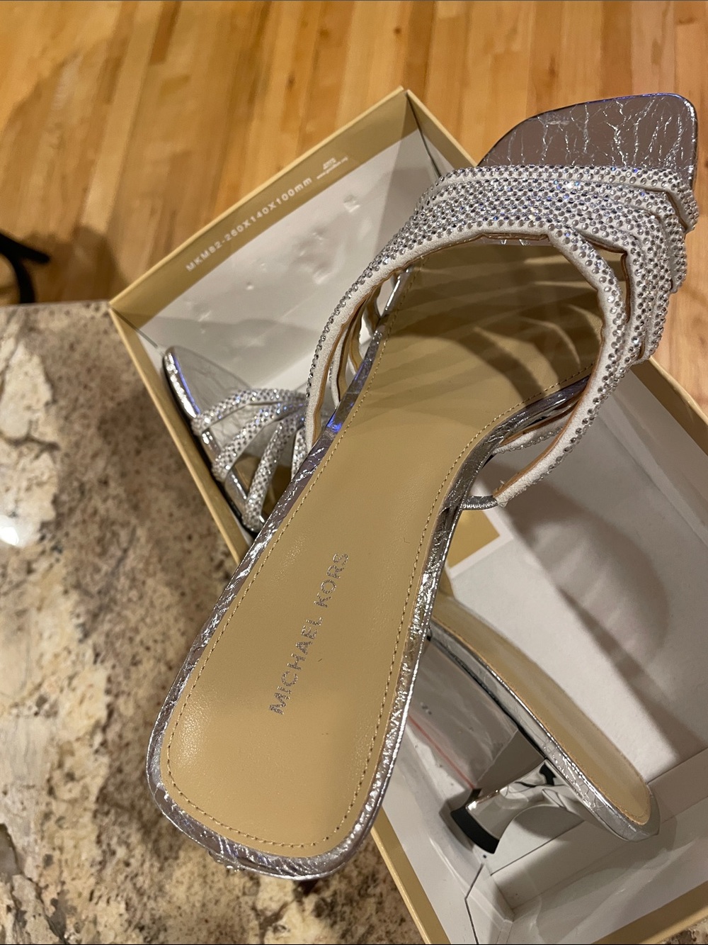 NWT Michael Kors Silver Rhinestone Strappy Kitten Heels - Picture 3 of 10